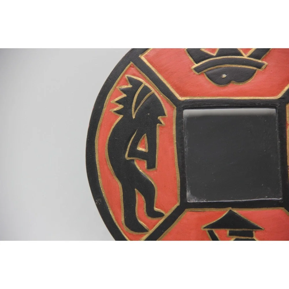 Vintage 90's Red Kokopelli Wall Mirror Boho Decor Hand Painted Indonesia 7.5